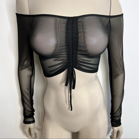 SOLD Fashion Nova Black Off Shoulder Mesh Long Sleeve Crop Top - Picture 3 of 8